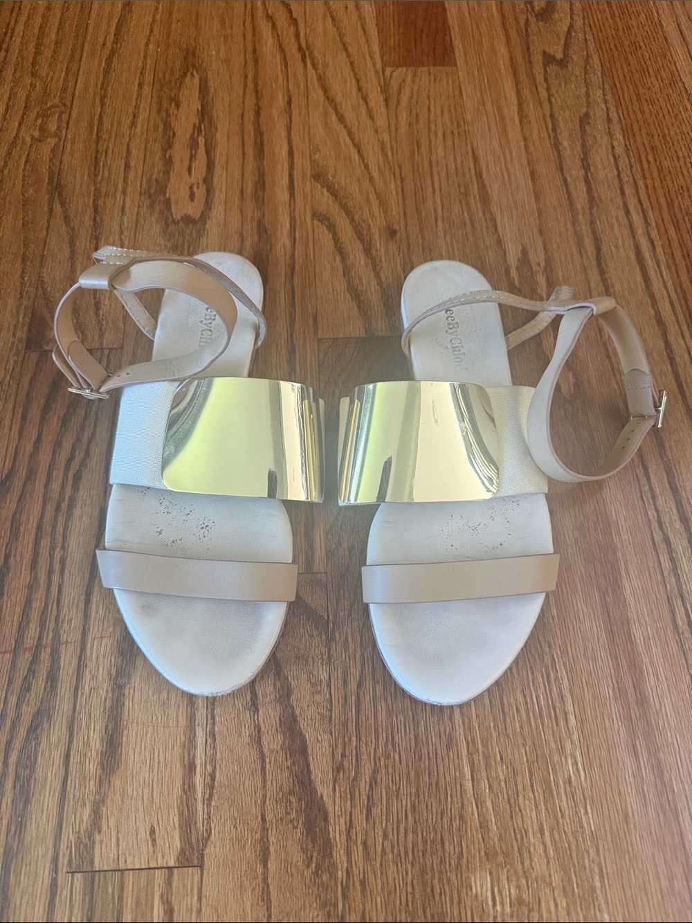 See By Chloe Beige Sandals with Gold Mirror Accent